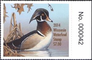 Stamp with Collectible Margin, Wood duck (Aix sponsa), Wisconsin (WI),  , Animals (Fauna), Birds, Ducks, Hunting