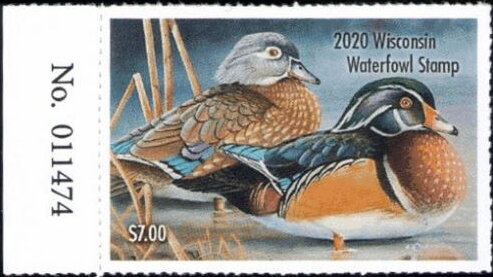 Stamp with Collectible Margin, Wood duck (Aix sponsa), Wisconsin (WI),  , Animals (Fauna), Birds, Ducks, Hunting