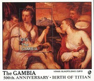 Souvenir Sheet, Venus Blindfolding Cupid, Gambia,  