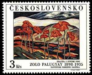 Stamp, Landscape with Flowers, by Zolo Palugyay, Czechoslovakia,  , Paintings, Art, Illustrators