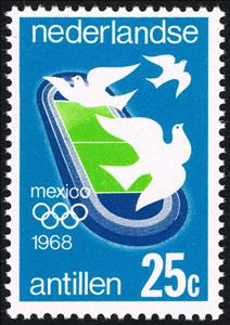 Stamp, Stadium, doves & Olympic rings, Netherlands Antilles,  , Stylized Animals, Sport, Stadiums, Olympic Games, Peace Doves