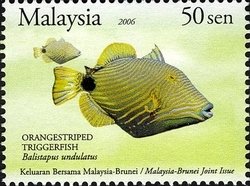 Stamp, Orange-lined Triggerfish (Balistapus undulatus), Malaysia,  , Sea Life, Animals (Fauna), Fishes