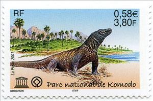 Stamp, Komodo Dragon (Varanus komodoensis), France,  , Palm-trees, Reptiles, Lizards, National Parks, Animals (Fauna), UNESCO World Heritage Sites