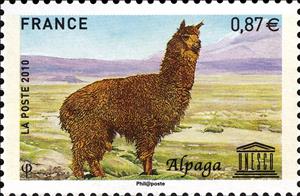 Stamp, Alpaca (Lama guanicoe pacos), France,  , Mammals, UNESCO, Camels, Animals (Fauna)