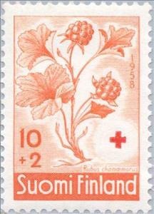 Stamp, Cowberries (Rubus chamaemorus), Finland,  , Red Cross and Red Crescent, Healthcare, Fruits, Plants (Flora)
