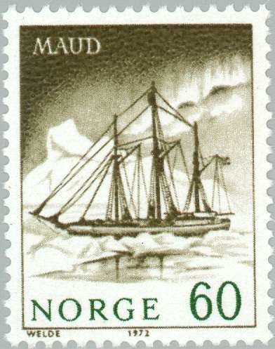 Expedition ship "Maud" in front of iceberg