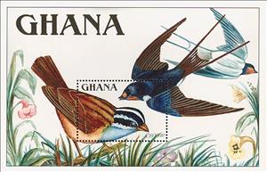 Souvenir Sheet, Cinnamon-breasted Bunting (Emberiza tahapsi), Barn Swallow (, Ghana,  , Birds, Animals (Fauna)