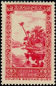 Stamp, Wadi with Colomb-Bechard, Algeria,  , Landscapes, Palm-trees, Rivers