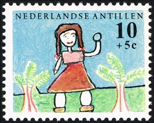 Stamp, Girl with ball and trees, Netherlands Antilles,  