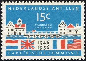 Stamp, St. Annabaai harbor and flags, Netherlands Antilles,  