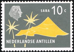 Stamp, Extinct volcano and palms - Saba, Netherlands Antilles,  , Tourism, Volcanos