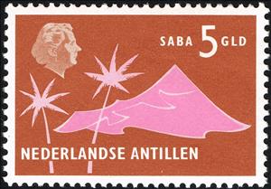 Stamp, Extinct volcano and palms, Saba, Netherlands Antilles,  , Tourism