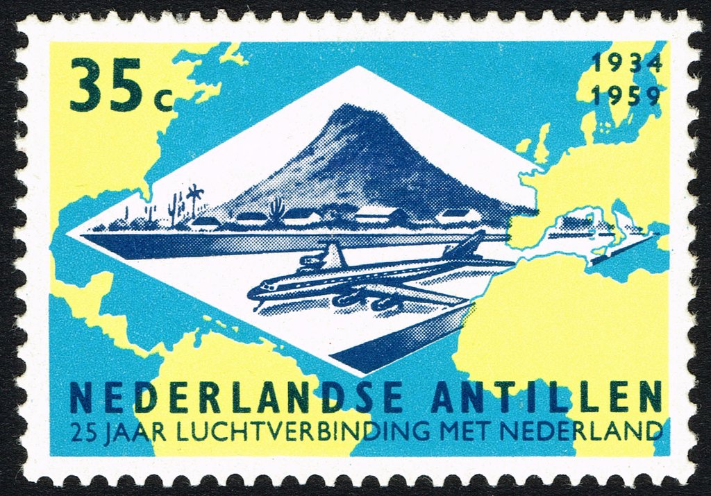 Map Atlantic ocean and plane over Aruba airfield