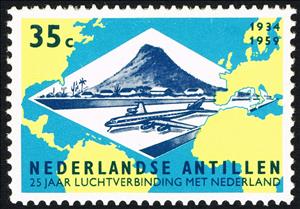 Stamp, Map Atlantic ocean and plane over Aruba airfield, Netherlands Antilles,  