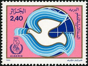 Stamp, Dove, map of the world and emblem, Algeria,  