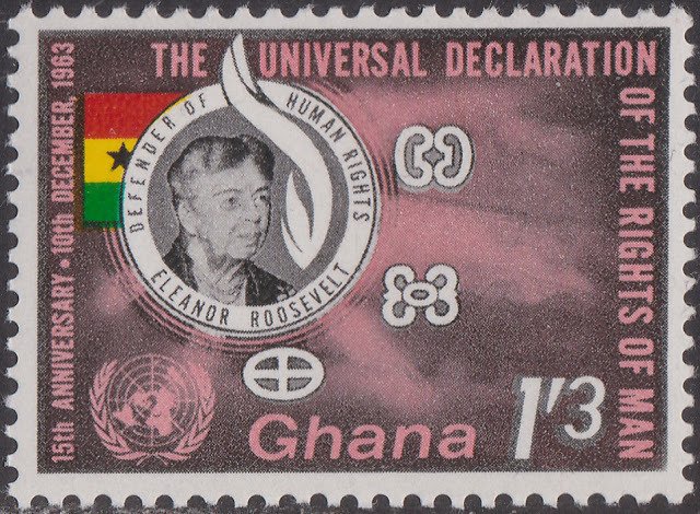 Mrs.Roosevelt, flag, flame and Ghanaian symbols