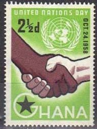 Stamp, Shaking hands between black and white, UN badge, Ghana,  , U.N.O., Hands