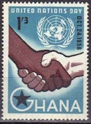 Stamp, Shaking hands between black and white, UN badge, Ghana,  , U.N.O., Hands