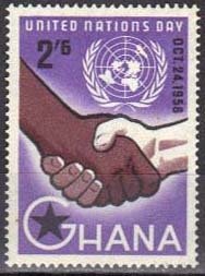 Stamp, Shaking hands between black and white, UN badge, Ghana,  , U.N.O., Hands