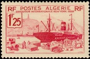 Stamp, American export liner unloading cargo, Algeria,  , Ships, Steamers, Ports, World Exhibitions