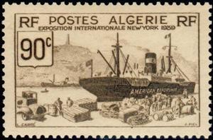 Stamp, American export liner unloading cargo, Algeria,  , Ships, Steamers, Ports, World Exhibitions
