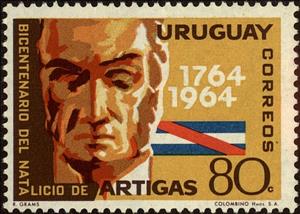 Stamp, Gral. José Artigas and flag, Uruguay,  