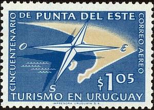 Stamp, Compass and map of Punta del Este, Uruguay,  , Compasses
