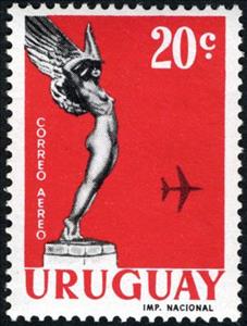 Stamp, Monument "Winged Goddess" and airplane, Uruguay,  