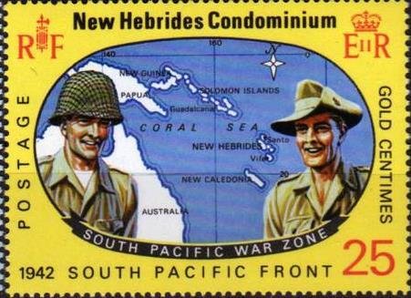 U.S. soldier and Australian before the Coral Sea Map