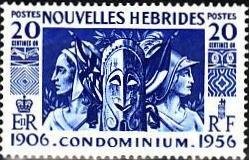 Stamp, Totem flanked by "Marianne" and "Britannia" New HEBRIDES, Vanuatu,  