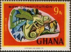 Stamp, Chameleon (Chamaeleo sp.) - overprinted, Ghana,  