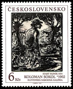 Stamp, Old Man on a Raft, by Koloman Sokol, Czechoslovakia,  , Paintings, Art