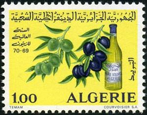 Stamp, Olives, Oil Bottle, Algeria,  , Agriculture, Food, Plants (Flora), Olives
