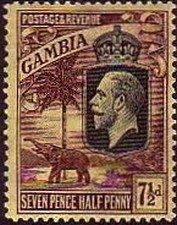 Stamp, King George V., African Elephant (Loxodonta africana), Gambia,  , Elephants