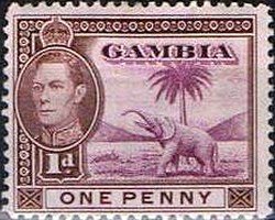Stamp, King George VI., African Elephant (Loxodonta africana), Gambia,  , Mammals, Elephants, Kings, Animals (Fauna)