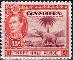Stamp, King George VI., African Elephant (Loxodonta africana), Gambia,  , Mammals, Elephants, Kings, Animals (Fauna)