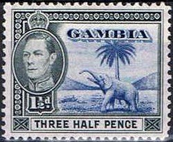 Stamp, King Georg VI.-Elephant, Gambia,  , Palm-trees, Mammals, Elephants, Kings, Animals (Fauna)