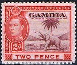 Stamp, King Georg VI.-Elephant, Gambia,  , Palm-trees, Mammals, Elephants, Kings, Animals (Fauna)