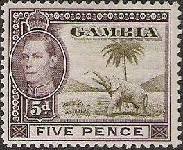 Stamp, King Georg VI.-Elephant, Gambia,  , Palm-trees, Mammals, Elephants, Kings, Animals (Fauna)