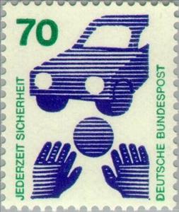 Stamp, Road safety - ball in front of a car, Germany, Federal Republic,  , Vehicles, Cars, Toys, Roadsafety, Hands
