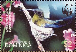 Stamp, Green-throated Carib (Sericotes holosericeus), Dominica,  , Birds, WWF, Animals (Fauna)