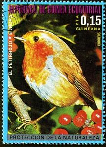 Stamp, European Robin (Erithacus rubecula), Equatorial Guinea,  , Birds, Animals (Fauna)