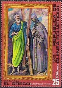 Stamp, St Andrew and St Francis, Equatorial Guinea,  , Paintings, Religion, Saints, Art