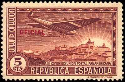 Stamp, Panamerican Postal Union Congress (Oficial), Spain,  , Sun, Townscapes / City Views, Aircrafts