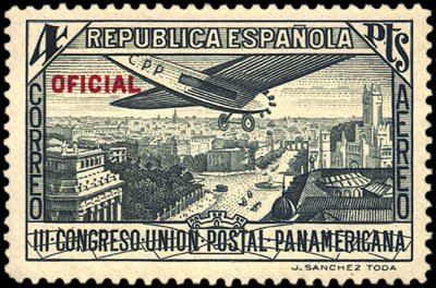 Stamp, Panamerican Postal Union Congress (Oficial), Spain,  , Townscapes / City Views, Aircrafts