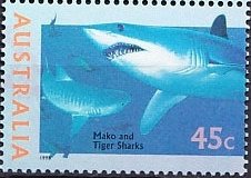 Stamp, Shortfin Mako (Isurus oxyrhynchus), Tiger Shark (Galeocerdo , Australia,  , Sea Life, Sharks, Animals (Fauna)