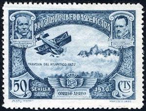 Stamp, Spanish-American Exhibition, Seville, Spain,  , Famous People, Pilots, Mountains, Aviation, Clouds, Aircrafts