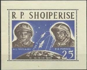 Souvenir Sheet, A. Nikolayev and P. Popovich, Space Capsules "Vostok 3" and, Albania,  