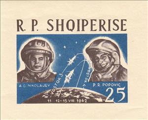 Souvenir Sheet, A. Nikolayev and P. Popovich, Space Capsules "Vostok 3" and, Albania,  