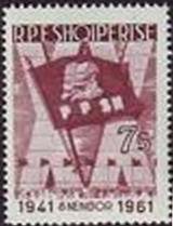 Stamp, Flag with Marx and Lenin in front of XX, Albania,  , Politicians
